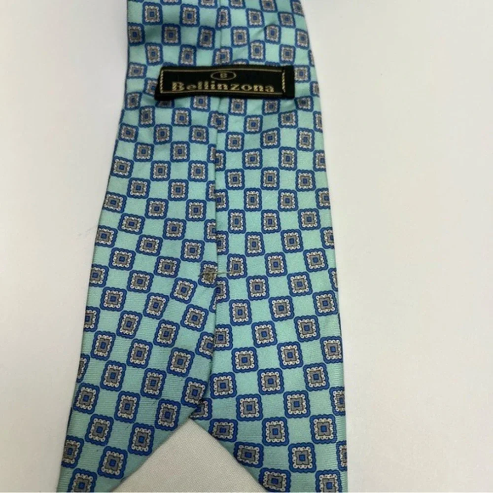 Bellinzona Silk Tie Mens Blue Grey Geometric Medallion Mint Green Hand Sewn USA